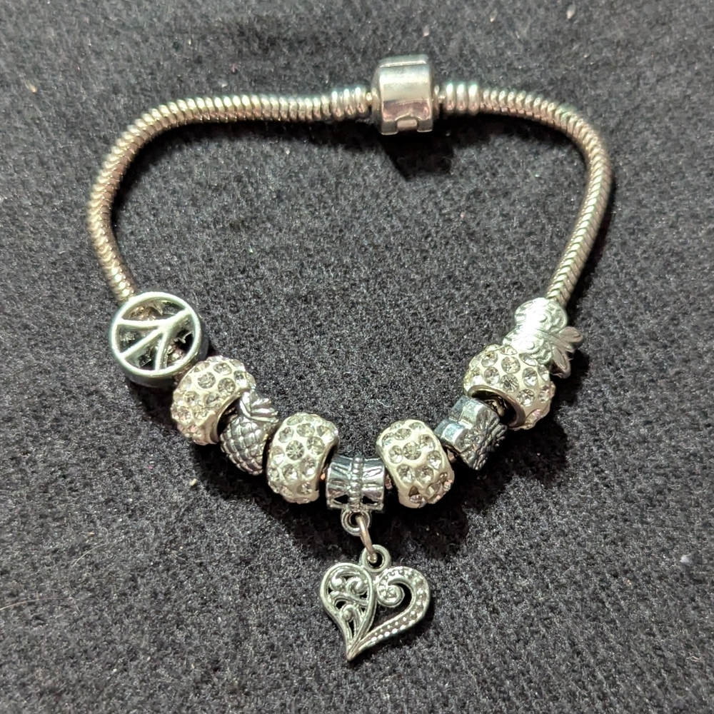 Silver Tone White Clear Rhinestone Heart Peace Sign Butterfly Charm Bracelet